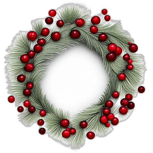 Snowy Pine Wreath With Cranberries And Soft, Faux Snow Dusting, Minimalist - Single View, Decorated With Christmas Decorations On Differenct Colours, High Detail, No Shadow
