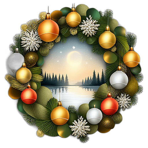 Minimalist Eucalyptus Wreath With Simple White Lights, Minimalist - Single View, Decorated With Christmas Decorations On Differenct Colours, High Detail, No Shadow