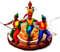 A festive parade with samba dancers moving to the powerful beats of the drummers. low poly app icon