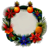 Tropical Wreath With Exotic Flowers, Miniature Pineapples, And Bright Ribbons, Minimalist - Single View, Decorated With Christmas Decorations On Differenct Colours, High Detail, No Shadow