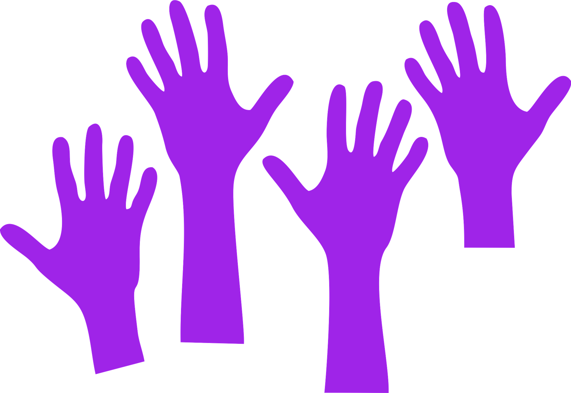 Four Purple Hands Reaching Up