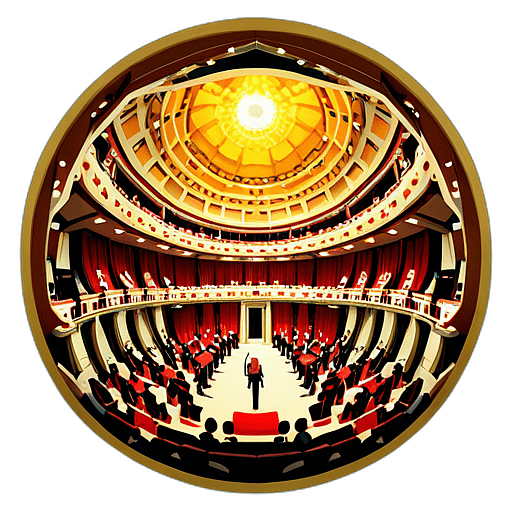 A grand orchestra playing classical masterpieces in a majestic concert hall. low poly app icon