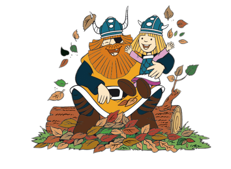 Halvar and Vic the Viking Playing With Autumn Leaves