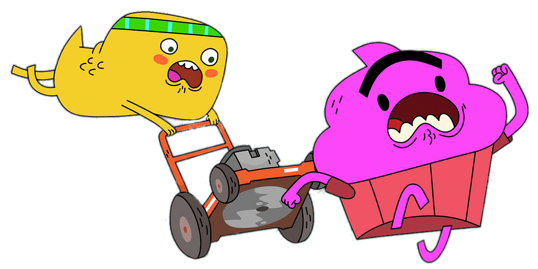 Dino chasing Cupcake with Lawnmower