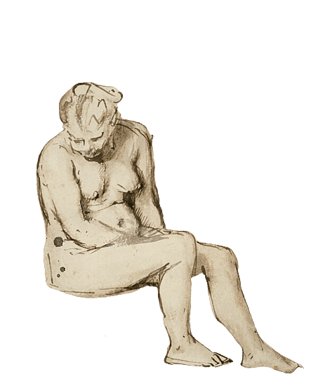 Drawing of nude woman seated on small stool