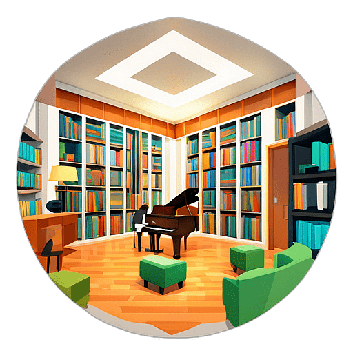 A local library hosting a chamber music evening, where the notes bounce off walls of books. low poly app icon