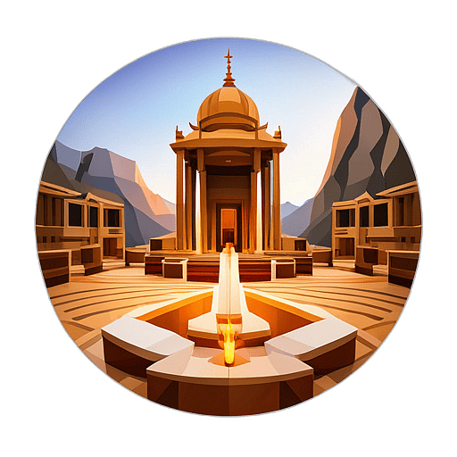 A temple courtyard in india, where devotional bhajans are sung accompanied by tablas and harmonium. low poly app icon