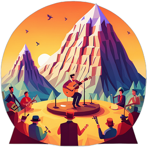 A mountain top festival with bluegrass musicians playing to a crowd in flannel and boots. low poly app icon