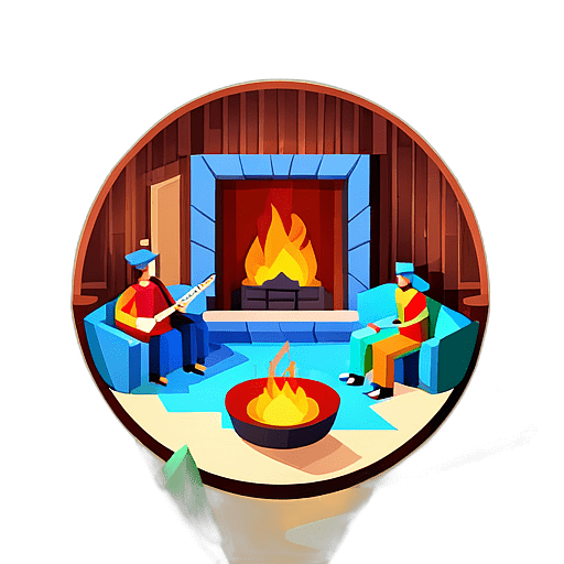 A cozy cabin where friends gather around a fireplace, singing folk songs accompanied by a banjo. low poly app icon