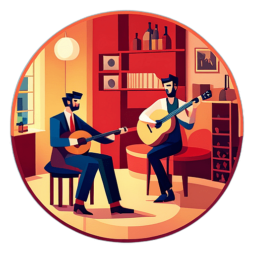 A quiet wine bar where a cellist and guitarist play sultry flamenco melodies. low poly app icon