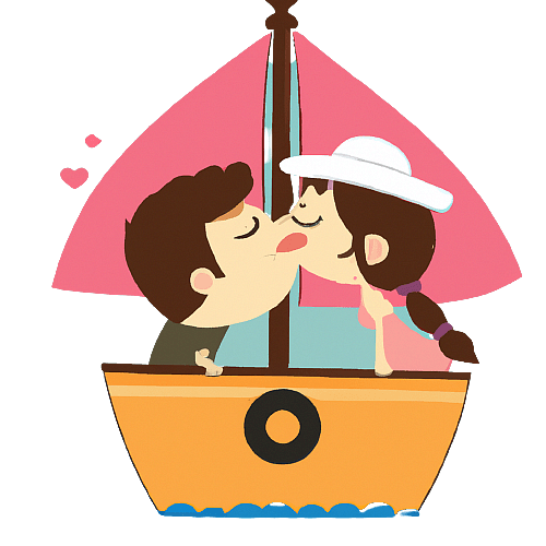 Husband And Wife Kissing Each Other on A Small Boat, Cartoon-Style, created with DALL-E