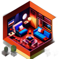 A backpacker's hostel courtyard where travelers share songs from their home countries on a shared guitar. low poly app icon