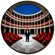 A historic theater showcasing an opera, with sopranos and tenors reaching incredible notes. low poly app icon
