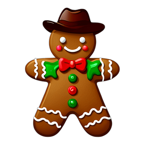 Gingerbread Man With A Licorice Whip And Cowboy Hat Icing, Minimalist - Gingerbread Men, Decorated For Christmas, With Colorful Details And Icing, Single Item, No Shadow