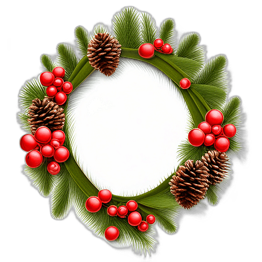 Handcrafted Holly Wreath With Natural Pinecones And Cinnamon Sticks, Minimalist - Single View, Decorated With Christmas Decorations On Differenct Colours, High Detail, No Shadow