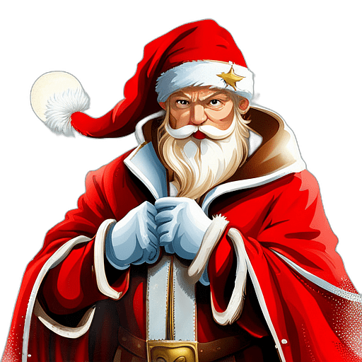 Santa Claus With A Cape, Depicting A Superhero Theme, Classic - Detailed Figure Of A Classic Santa Claus, Emphasis On Colors And Festive Attributes, Full Body Figure In The Middle Of The Frame, High Detail, White Background, No Shadow