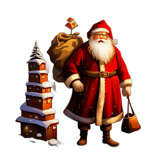 Miniature Santa Claus With A Bag Of Toys Over His Shoulder, Classic - Detailed Figure Of A Classic Santa Claus, Emphasis On Colors And Festive Attributes, Full Body Figure In The Middle Of The Frame, High Detail, White Background, No Shadow
