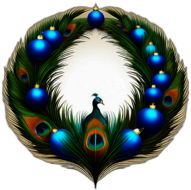 Luxurious Wreath Featuring Peacock Feathers And Teal Ornaments, Minimalist - Single View, Decorated With Christmas Decorations On Differenct Colours, High Detail, No Shadow