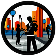 A bustling street corner where a busker plays electric violin to a captivated audience. low poly app icon