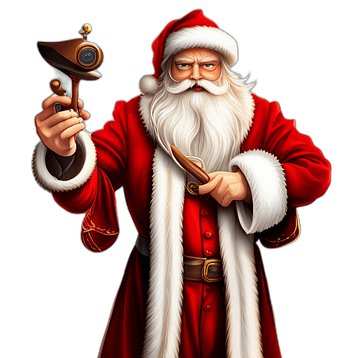 Santa Claus Figure As A Puppet On Strings, With A Wooden Controller, Classic - Detailed Figure Of A Classic Santa Claus, Emphasis On Colors And Festive Attributes, Full Body Figure In The Middle Of The Frame, High Detail, White Background, No Shadow
