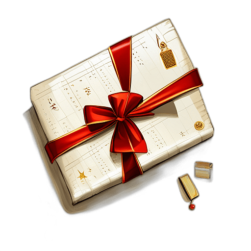 Slim Gift In A Papyrus-Like Paper With An Egyptian Hieroglyphs Print And A Gold Ribbon, Minimalist - Single Christmas Present, Wrapped In Exquisite Festive Wrapping, Minimalist, No Shadow