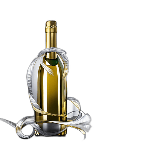 Elegant Wine Bottle In A Metallic Gold Gift Bag With Silver Tinsel, Minimalist - Single Christmas Present, Wrapped In Exquisite Festive Wrapping, Minimalist, No Shadow