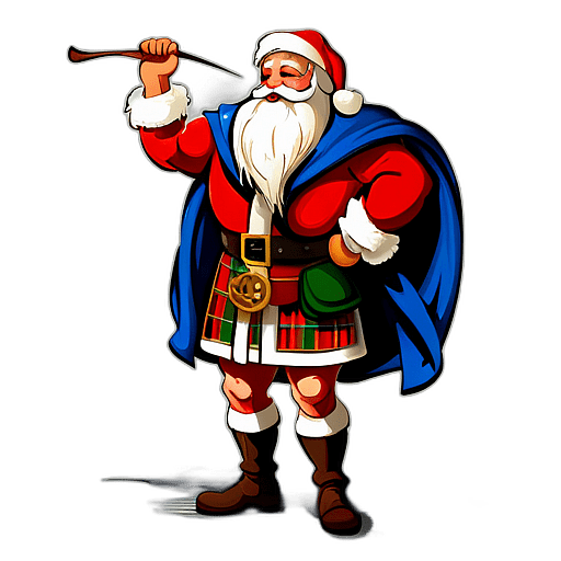 Santa Claus In A Tartan Kilt, Celebrating Scottish Heritage, Classic - Detailed Figure Of A Classic Santa Claus, Emphasis On Colors And Festive Attributes, Full Body Figure In The Middle Of The Frame, High Detail, White Background, No Shadow