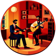 A quiet wine bar where a cellist and guitarist play sultry flamenco melodies. low poly app icon