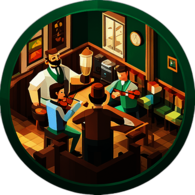 A traditional irish pub where musicians gather in a corner, playing jigs and reels on fiddles and tin whistles. low poly app icon