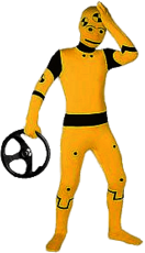 Crash Test Dummy holding steering wheel