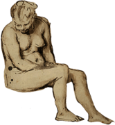 Drawing of nude woman seated on small stool