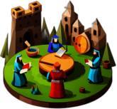 A medieval fair where minstrels and lute players transport listeners to a bygone era. low poly app icon