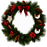 Woodland Wreath With Faux Fur Trim, Forest Creatures, And Berries, Minimalist - Single View, Decorated With Christmas Decorations On Differenct Colours, High Detail, No Shadow