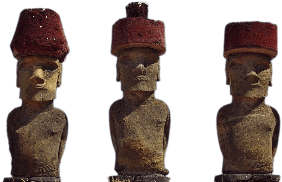 Three Moai Statues With Red Hats