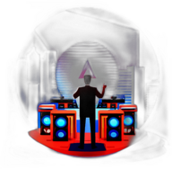 A rooftop bar in the city with a dj spinning ambient electronic beats against a skyline backdrop. low poly app icon