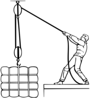 Man Lifting A Pack With A Pulley