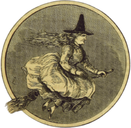Old Witch On Broom In The Night Sky