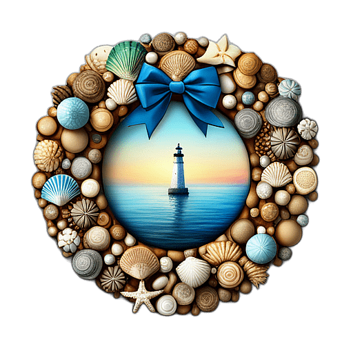Nautical-Themed Wreath With Seashells, Driftwood, And A Blue Ribbon, Minimalist - Single View, Decorated With Christmas Decorations On Differenct Colours, High Detail, No Shadow