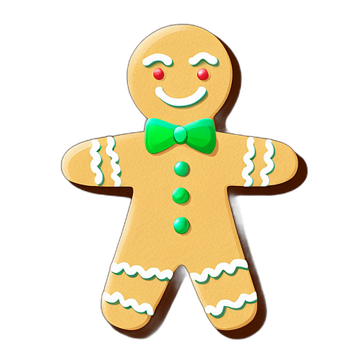 Gingerbread Man With Green Icing, Wearing A Bow Tie, Minimalist - Gingerbread Men, Decorated For Christmas, With Colorful Details And Icing, Single Item, No Shadow