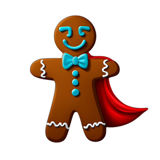 Gingerbread Man With A Superhero Cape Made Of Fondant, Minimalist - Gingerbread Men, Decorated For Christmas, With Colorful Details And Icing, Single Item, No Shadow