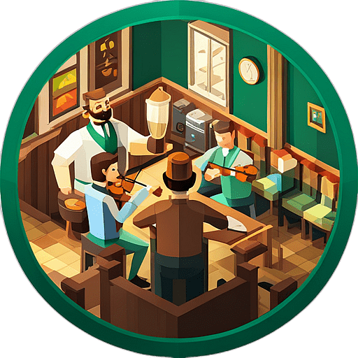 A traditional irish pub where musicians gather in a corner, playing jigs and reels on fiddles and tin whistles. low poly app icon