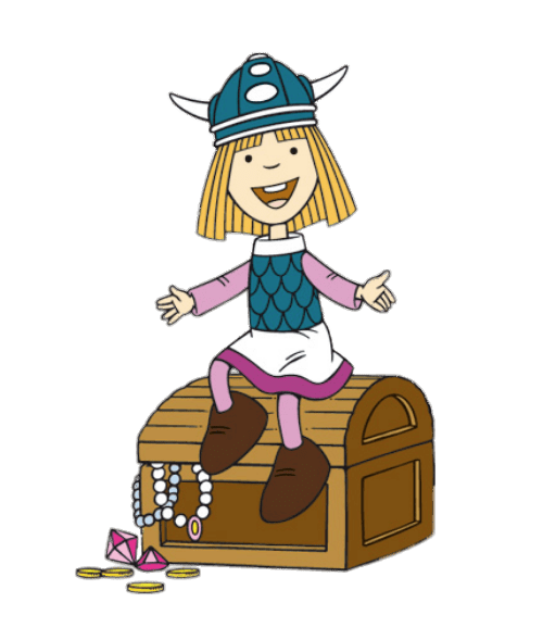 Vic the Viking Sitting on Treasure Chest
