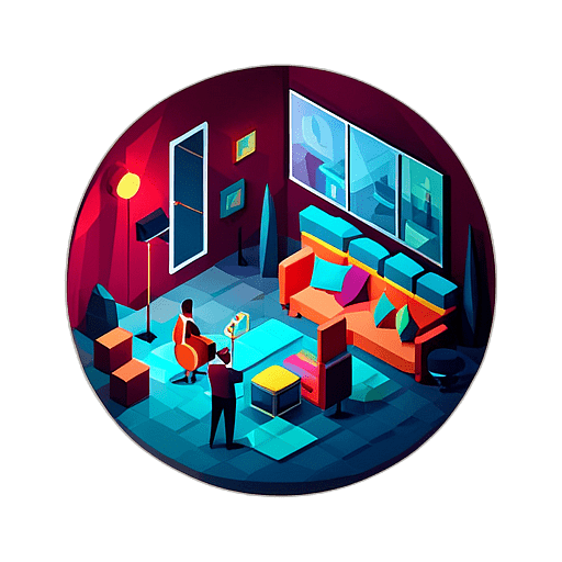 A dimly lit jazz club with the smooth sound of a saxophone filling the room. low poly app icon