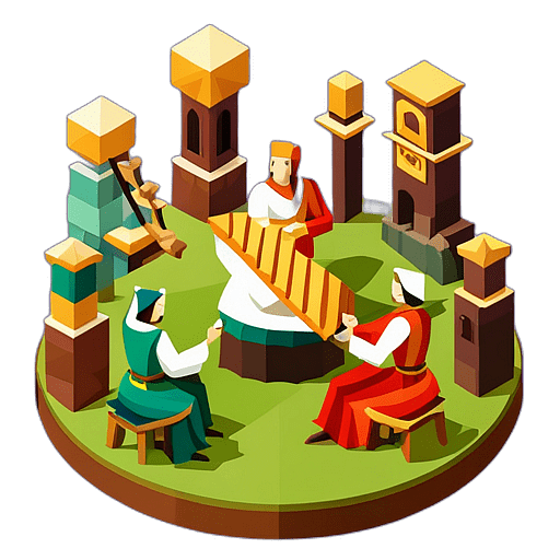 A renaissance festival with harpists and flutists playing melodies of old. low poly app icon