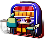 An old-school diner with a jukebox, where a rockabilly band plays tunes reminiscent of the 50s. low poly app icon