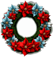 Glitzy Wreath With Sequined Poinsettias And Sparkling Tinsel, Minimalist - Single View, Decorated With Christmas Decorations On Differenct Colours, High Detail, No Shadow