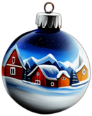 Hand-Painted Blue Bauble With A Winter Village Scene, Minimalist - Single Item, Decorated Christmas Bauble, High Detail, No Shadow