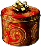 Round Tin Gift Container Wrapped In Red And Gold Paisley Patterned Paper, Minimalist - Single Christmas Present, Wrapped In Exquisite Festive Wrapping, Minimalist, No Shadow