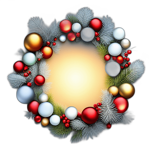 Frosted Fir Wreath With Twinkling Led Lights And Silver Baubles, Minimalist - Single View, Decorated With Christmas Decorations On Differenct Colours, High Detail, No Shadow