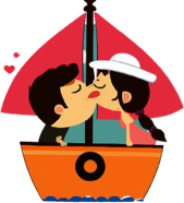 Husband And Wife Kissing Each Other on A Small Boat, Cartoon-Style, created with DALL-E